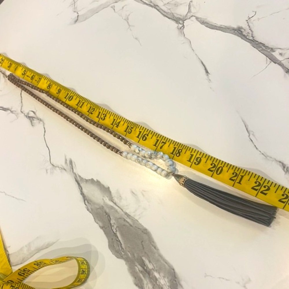 BCBG Long Tassel White,Grey Howlite & Wood, Necklace,Gold,Grey Suede Tassel,Boho - Picture 5 of 8